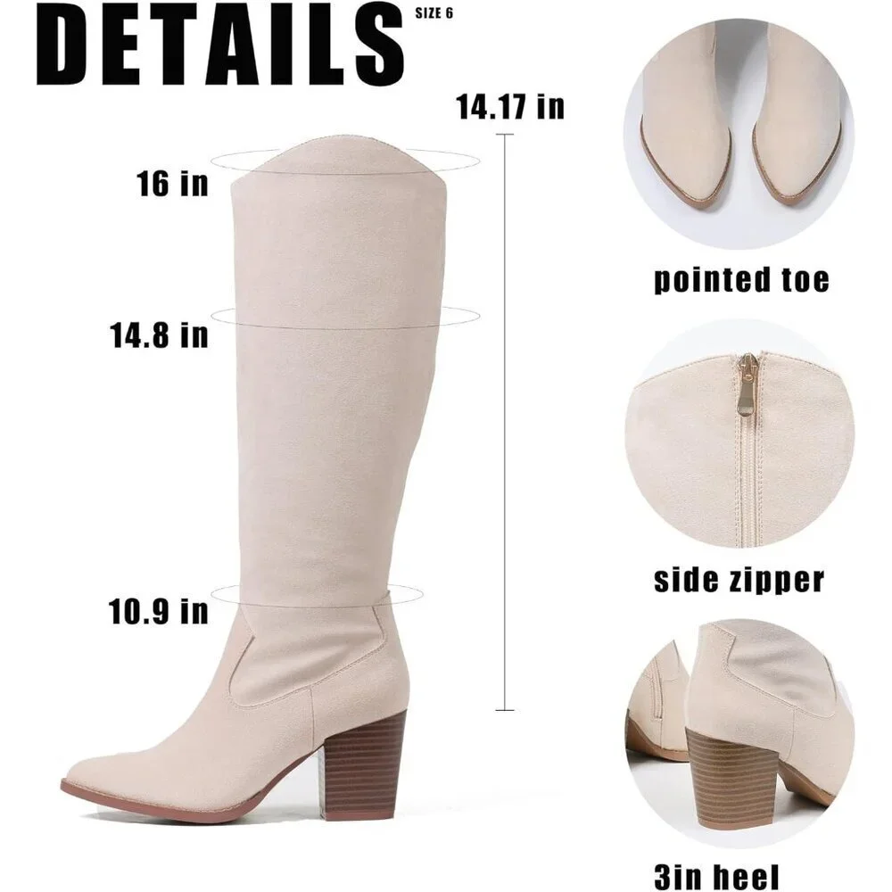 Womens Suede Beige Side Zipper Knee High Pointed Toe Chunky Heel Tall Boots